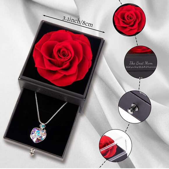 Mom Necklace + Preserved Eternal Red Rose+ Gift Box+Bag+Card Valentine’s Day NEW - Picture 3 of 9